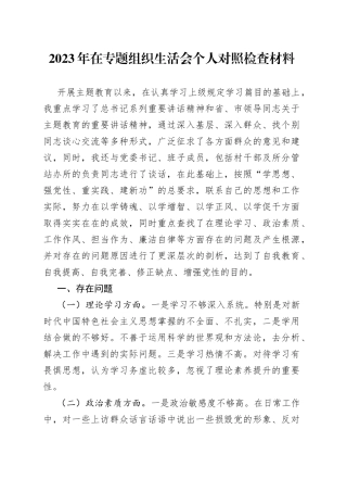 2023年在专题组织生活会个人对照检查材料202308