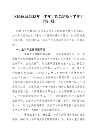 区民政局2023年上半年工作总结及下半年工作计划（20230625）