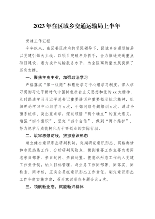 2023年在区城乡交通运输局上半年党建工作汇报