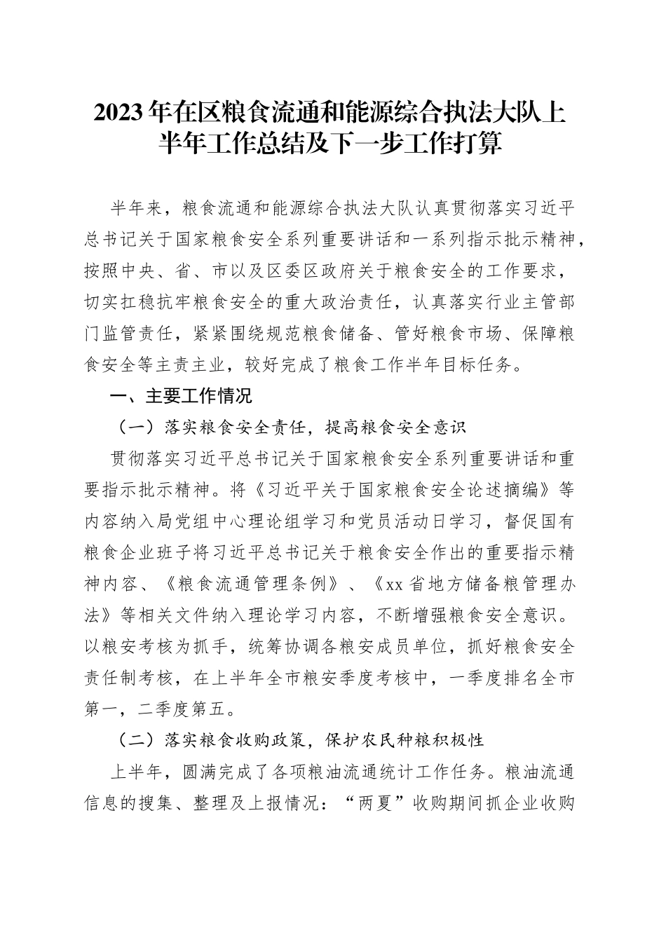 2023年在区粮食流通和能源综合执法大队上半年工作总结及下一步工作打算_第1页
