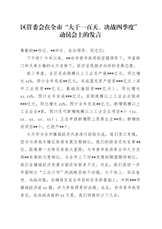 区管委会在全市“大干一百天、决战四季度”动员会上的发言