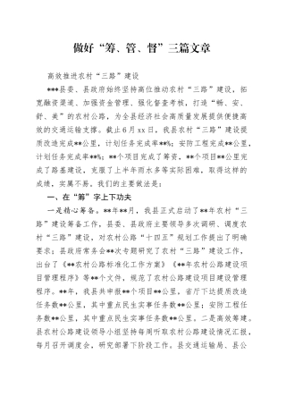 做好“筹、管、督”三篇文章，高效推进农村三路建设