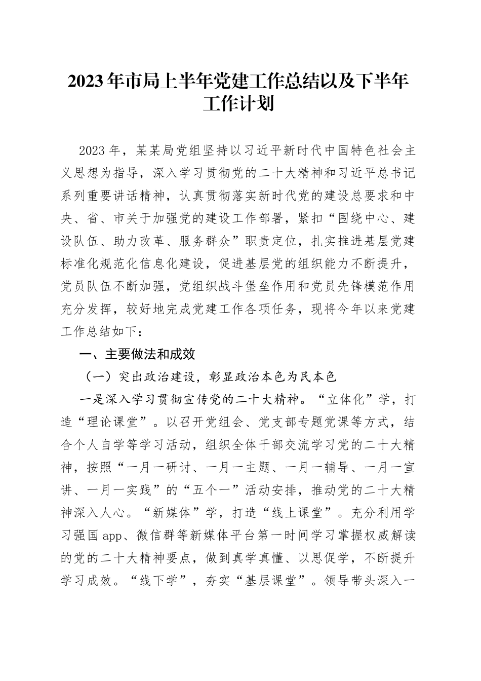 2023年市局上半年党建工作总结以及下半年工作计划_第1页