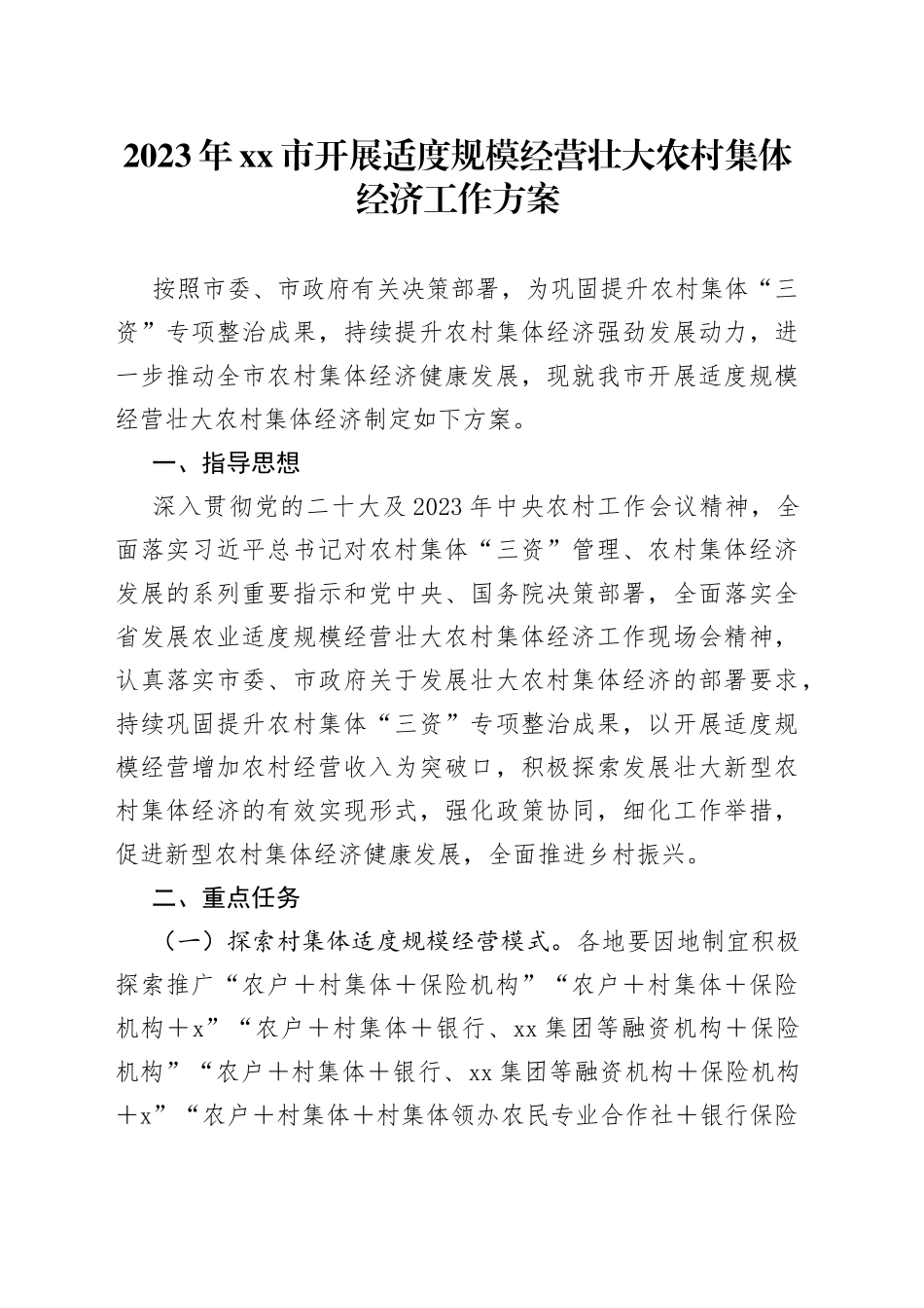 2023年市开展适度规模经营壮大农村集体经济工作方案_第1页