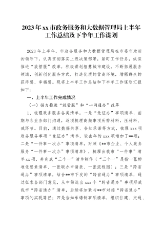 2023年市政务服务和大数据管理局上半年工作总结及下半年工作谋划