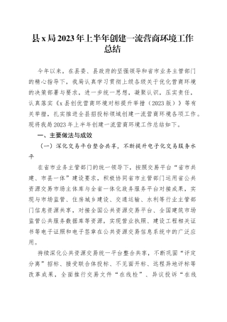 县x局2023年上半年创建一流营商环境工作总结