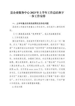 县企业服务中心2023年上半年工作总结和下一步工作安排（20230704）