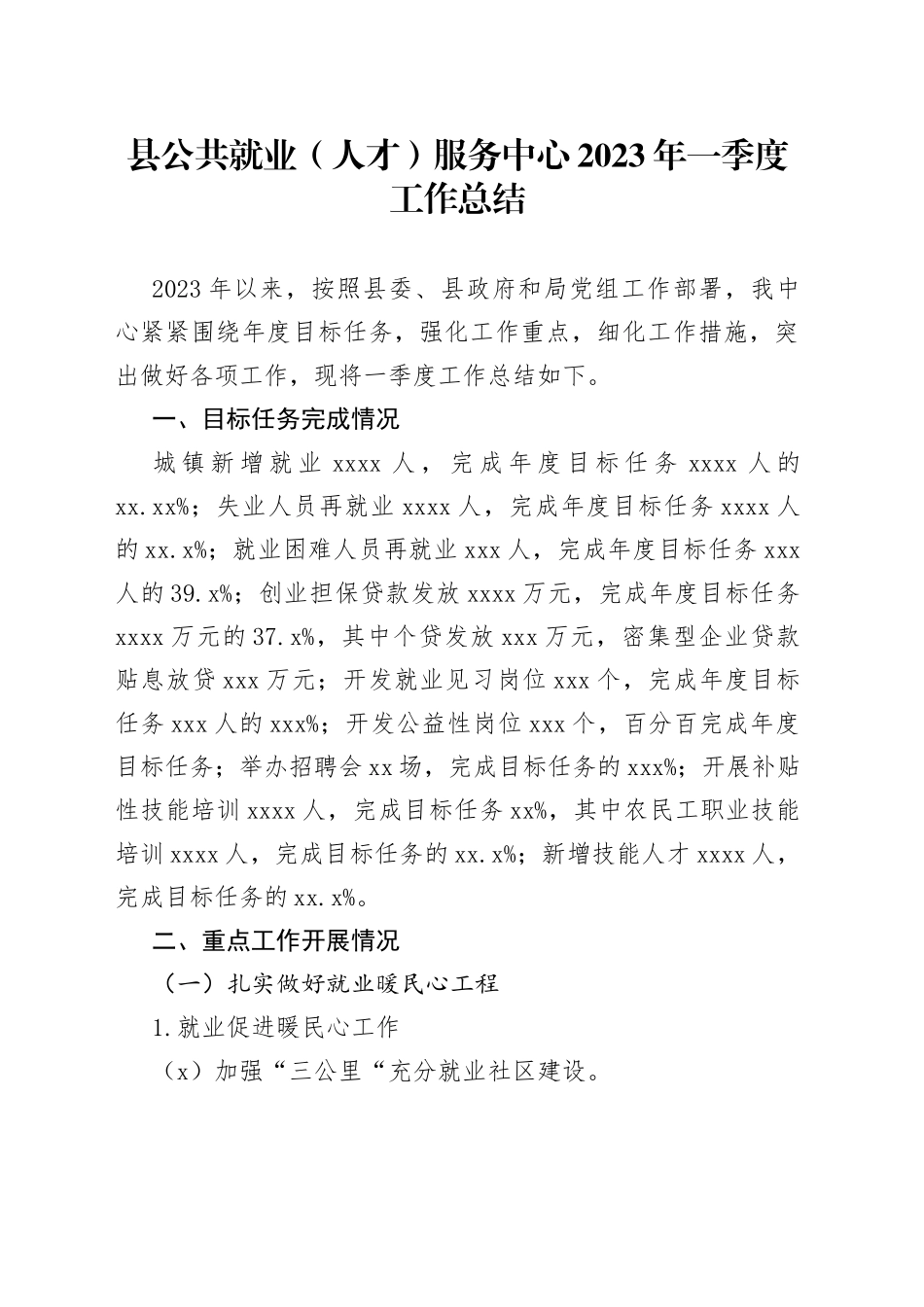 县公共就业（人才）服务中心2023年一季度工作总结（20230509）_第1页