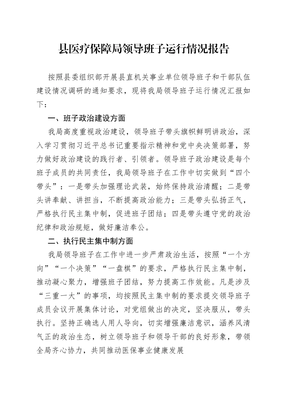 县医疗保障局领导班子运行情况报告(1)_第1页