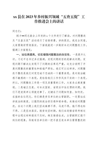 县在2023年乡村振兴领域“五查五促”工作推进会上的讲话