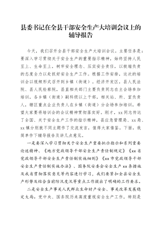 县委书记在全县干部安全生产大培训会议上的辅导报告