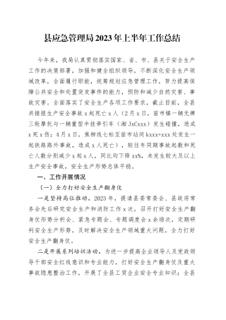 县应急管理局2023年上半年工作总结（20230620）