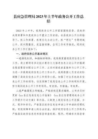 县应急管理局2023年上半年政务公开工作总结（20230630）