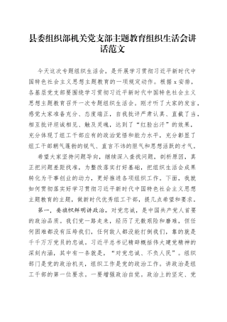 县委组织部机关党支部主题教育组织生活会讲话
