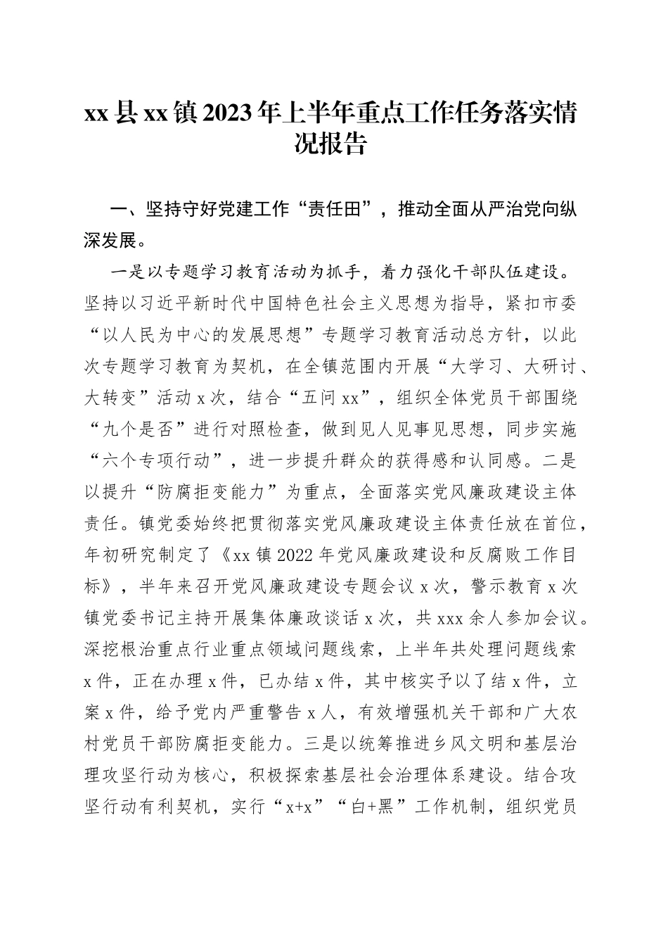 县镇2023年上半年重点工作任务落实情况报告（20230628）_第1页