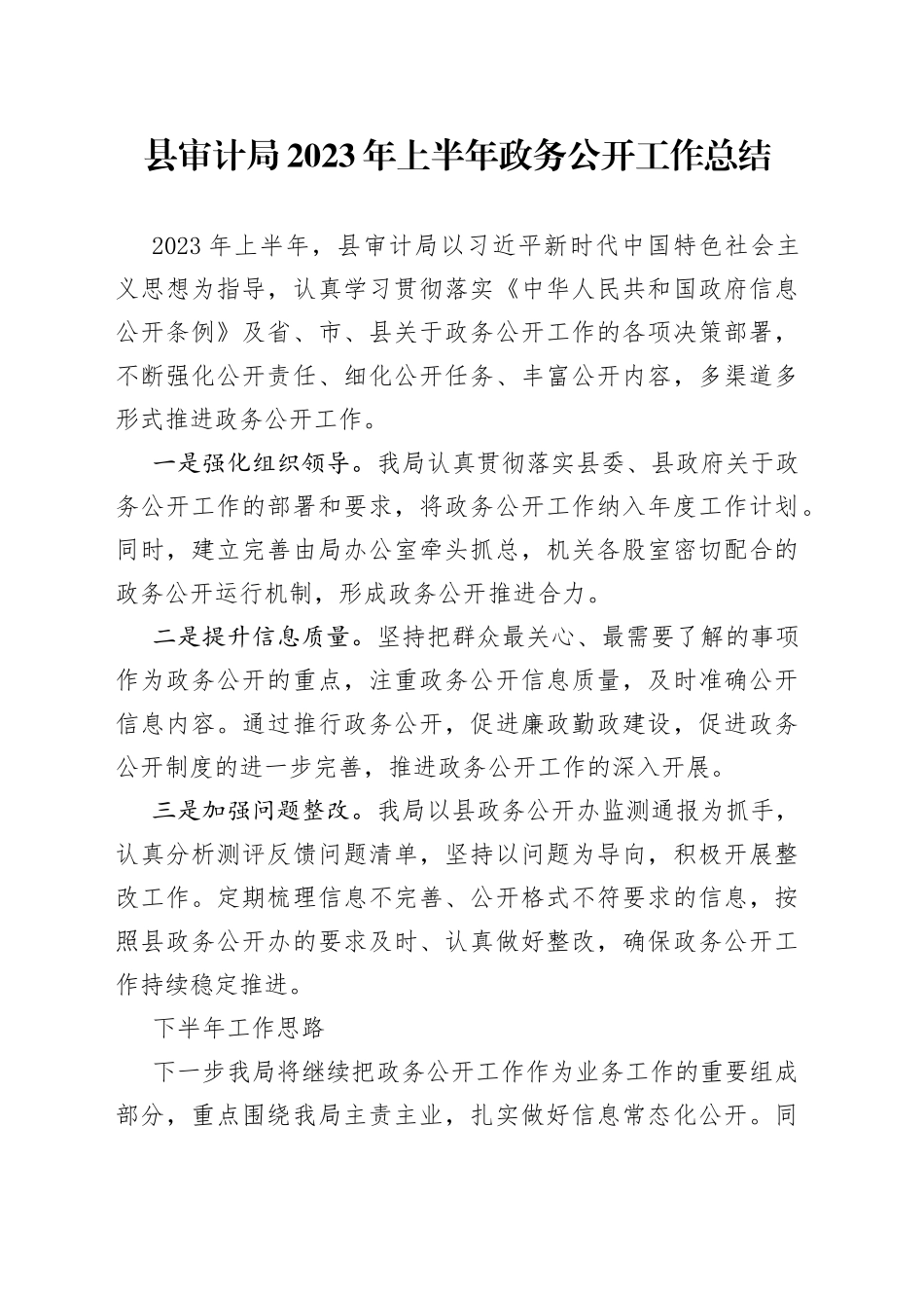 县审计局2023年上半年政务公开工作总结（20230704）_第1页