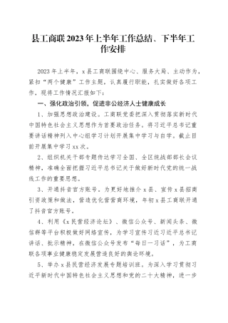 县工商联2023年上半年工作总结、下半年工作安排