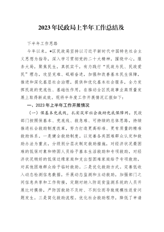 2023年民政局上半年工作总结及下半年工作思路