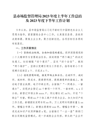 县市场监督管理局2023年度上半年工作总结及2023年度下半年工作计划（20230628）