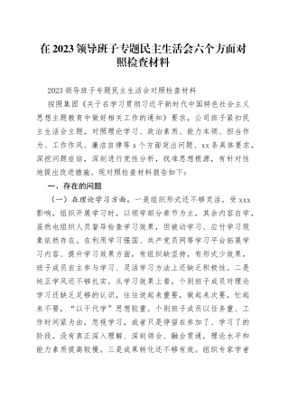 在 2023领导班子专题民主生活会六个方面对照检查材料