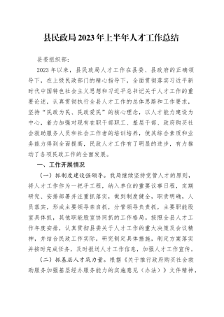 县民政局2023年上半年人才工作总结（20230705）