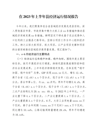 在2023年上半年县经济运行情况报告