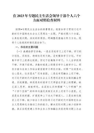 在2023年专题民主生活会领导干部个人六个方面对照检查材料