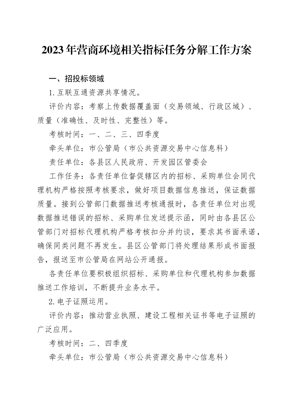 2023年营商环境相关指标任务分解工作方案（20230512）_第1页