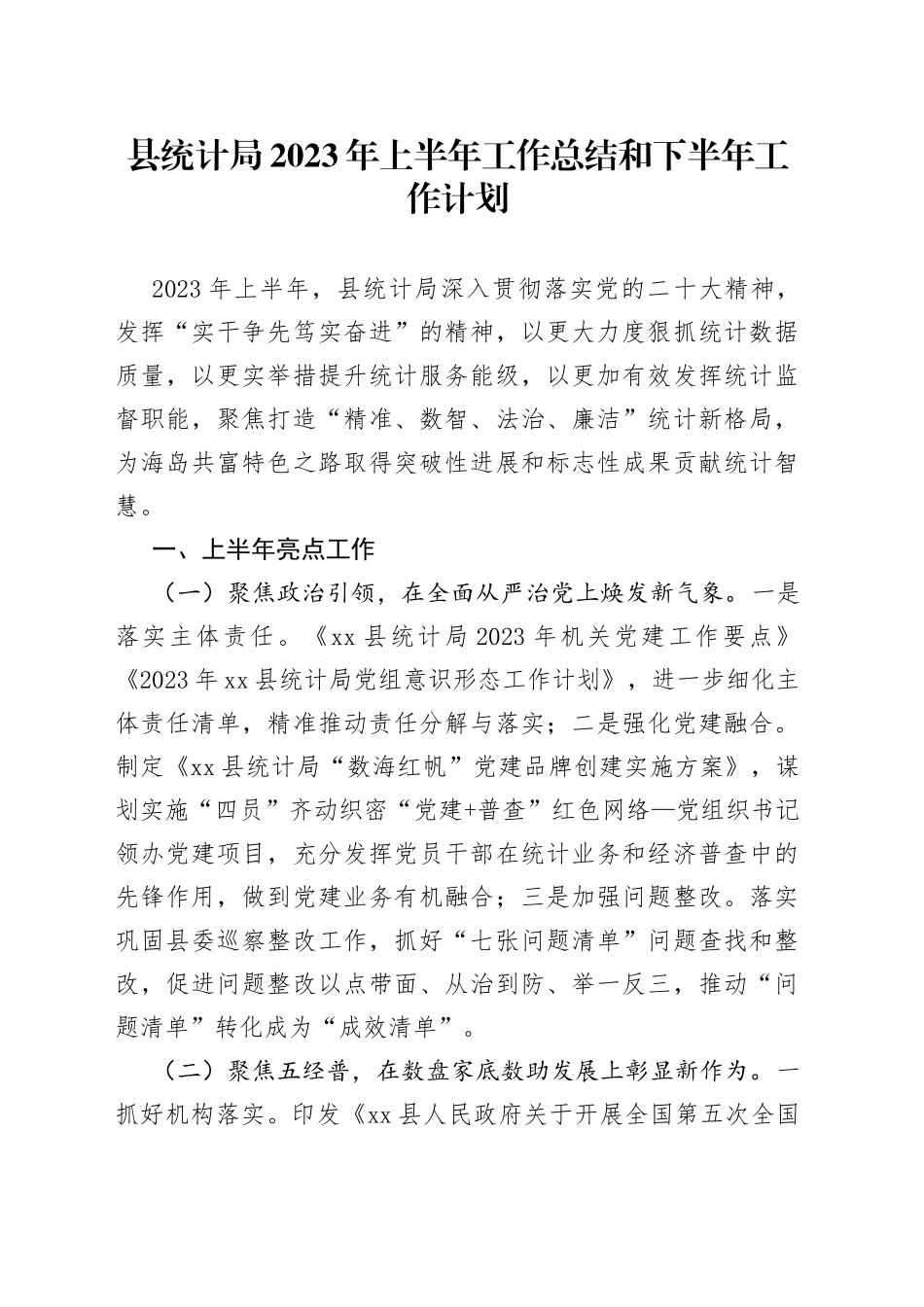 县统计局2023年上半年工作总结和下半年工作计划（20230615）_第1页