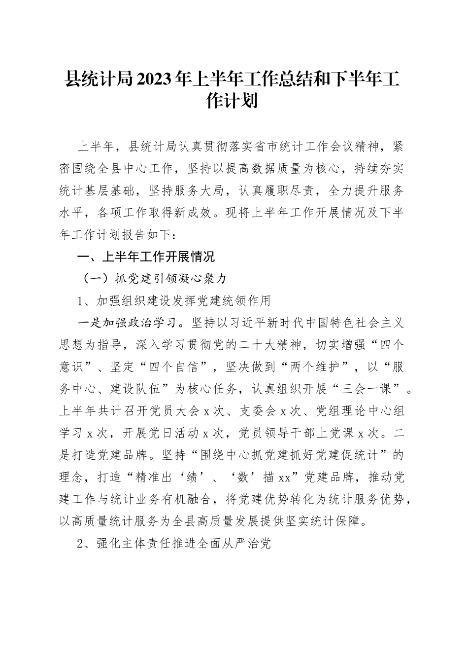 县统计局2023年上半年工作总结和下半年工作计划（20230710）_第1页