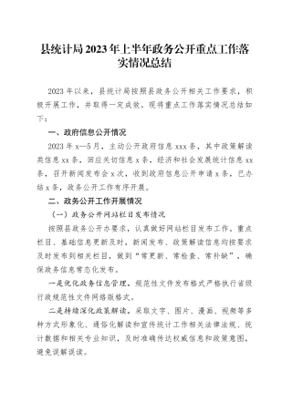 县统计局2023年上半年政务公开重点工作落实情况总结