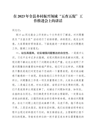 在2023年全县乡村振兴领域“五查五促”工作推进会上的讲话