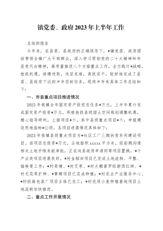 2023年镇党委、政府上半年工作总结的报告