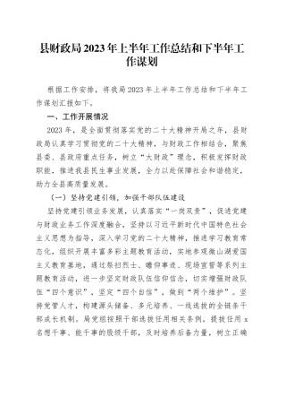 县财政局2023年上半年工作总结和下半年工作谋划（20230704）