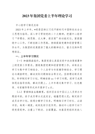 2023年集团党委上半年理论学习中心组学习情况总结