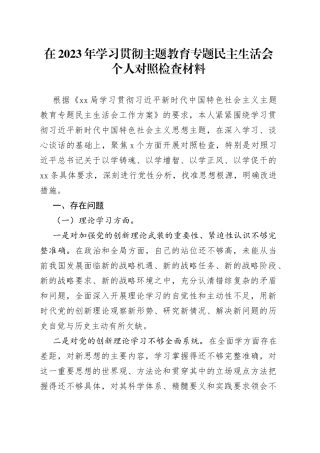 在2023年学习贯彻主题教育专题民主生活会个人对照检查材料