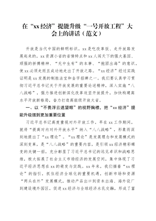 在“xx经济”提能升级“一号开放工程”大会上的讲话