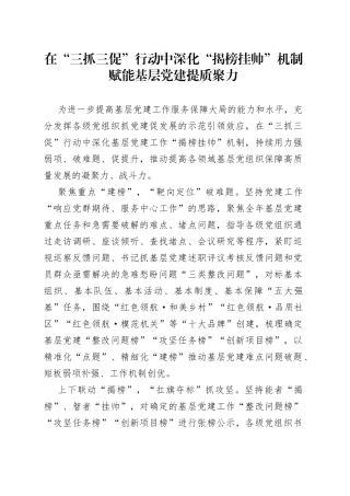 在“三抓三促”行动中深化“揭榜挂帅”机制赋能基层党建提质聚力（机关党建）