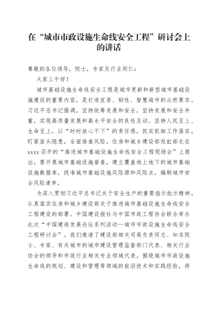 在“城市市政设施生命线安全工程”研讨会上的讲话