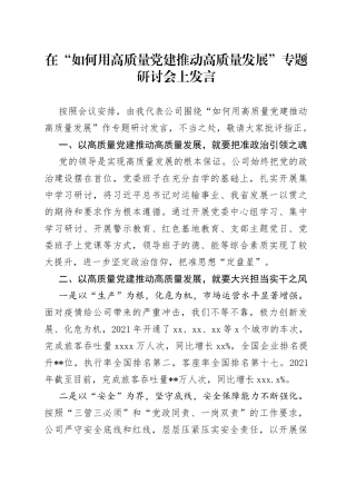 在“如何用高质量党建推动高质量发展”专题研讨会上发言