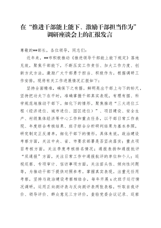 在“推进干部能上能下、激励干部担当作为”调研座谈会上的汇报发言