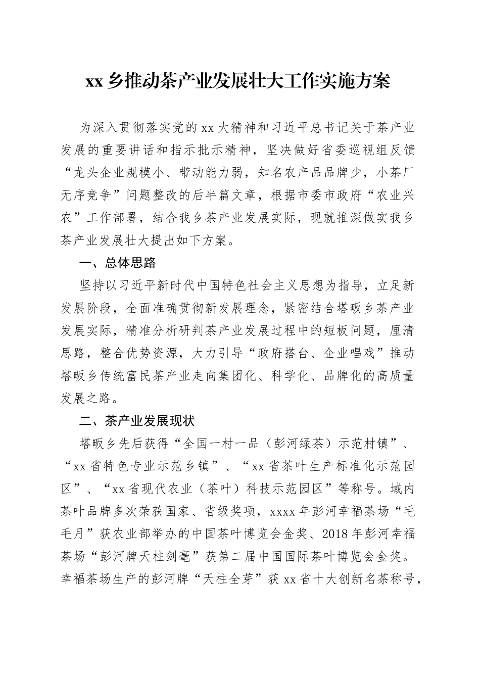 xx乡推动茶产业发展壮大工作实施方案_第1页