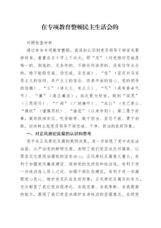 在专项教育整顿民主生活会的对照检查材料
