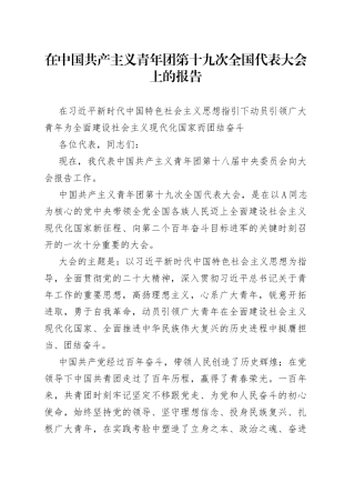 在中国共产主义青年团第十九次全国代表大会上的报告