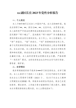 XX副区长在2023年党性分析报告
