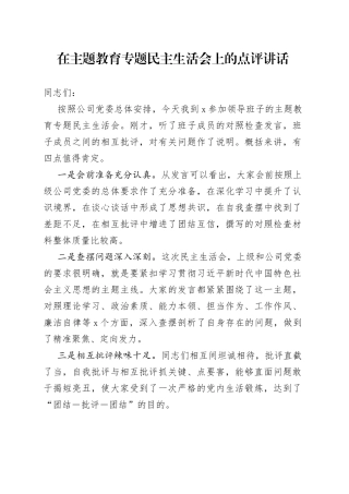 在主题教育专题民主生活会上的点评讲话