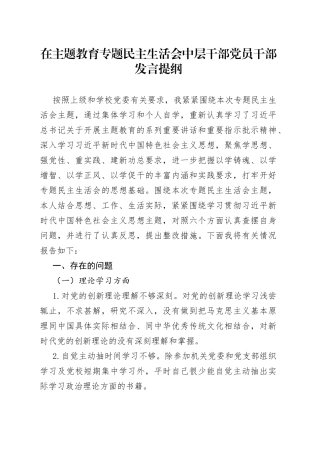 在主题教育专题民主生活会中层干部党员干部发言提纲