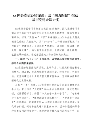 XX国企党建经验交流：以“四力四促”推动基层党建走深走实