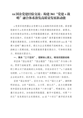 XX国企党建经验交流：构建361“党建＋战略”融合体系激发高质量发展新动能