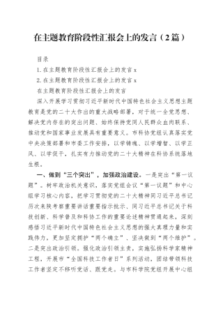 在主题教育阶段性汇报会上的发言（2篇）